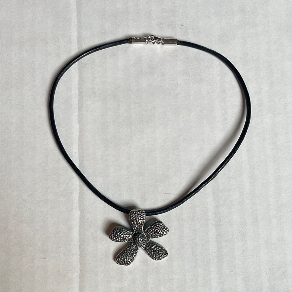 Silpada Dappled Silver Flower on Black Cord Necklace